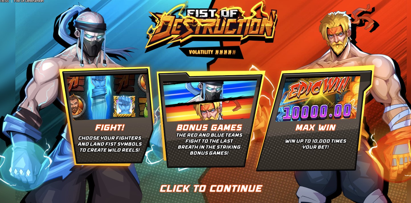 Fist of Destruction slot intro screen — Fight, Bonus Games, 10000x Max Win features