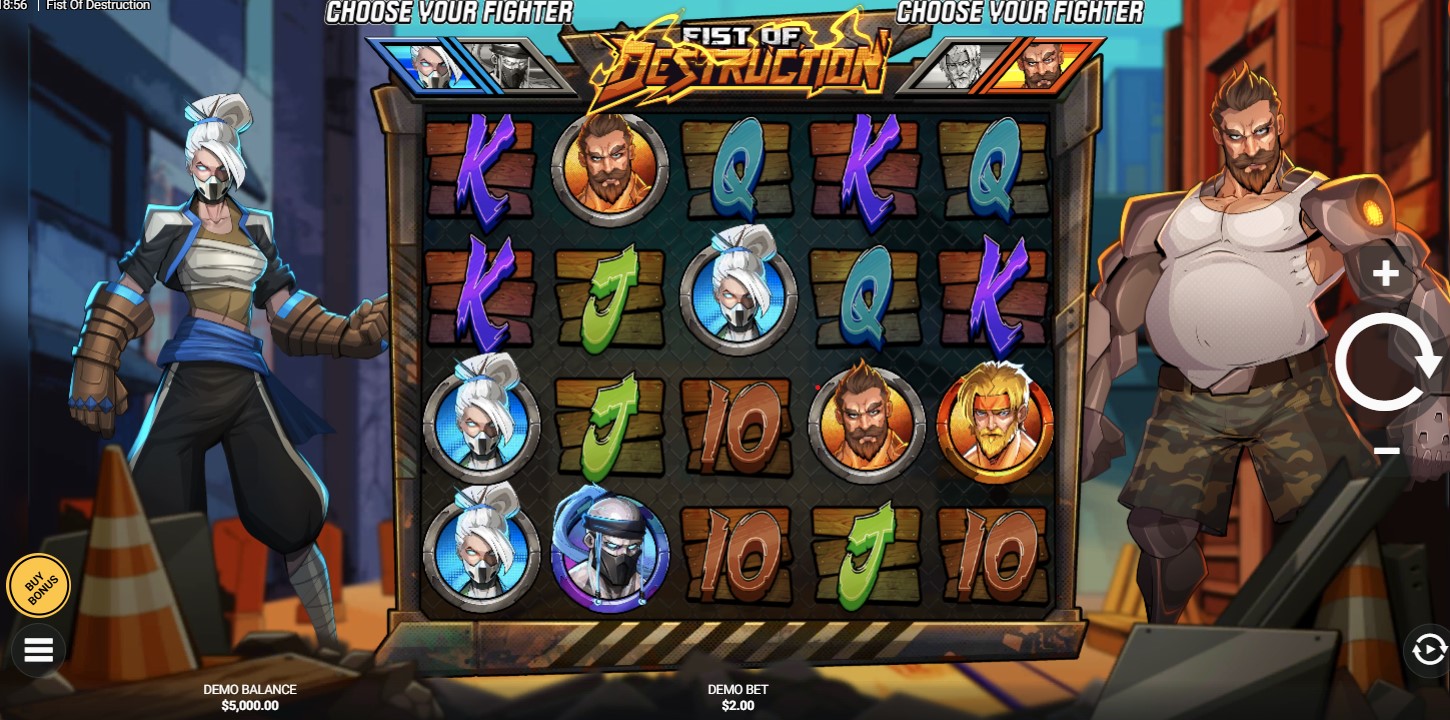 Fist of Destruction slot gameplay — 5x4 grid with fighter symbols and Fist wilds